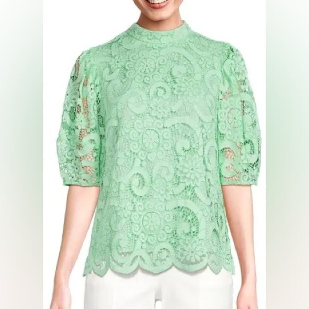 NWT Nanette Lepore mint crush green mock neck, lace blouse. Large.